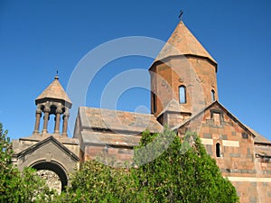 Ancient orthodox stone monastery in Armenia, Khor VirapÂ Monastery, made of red brick